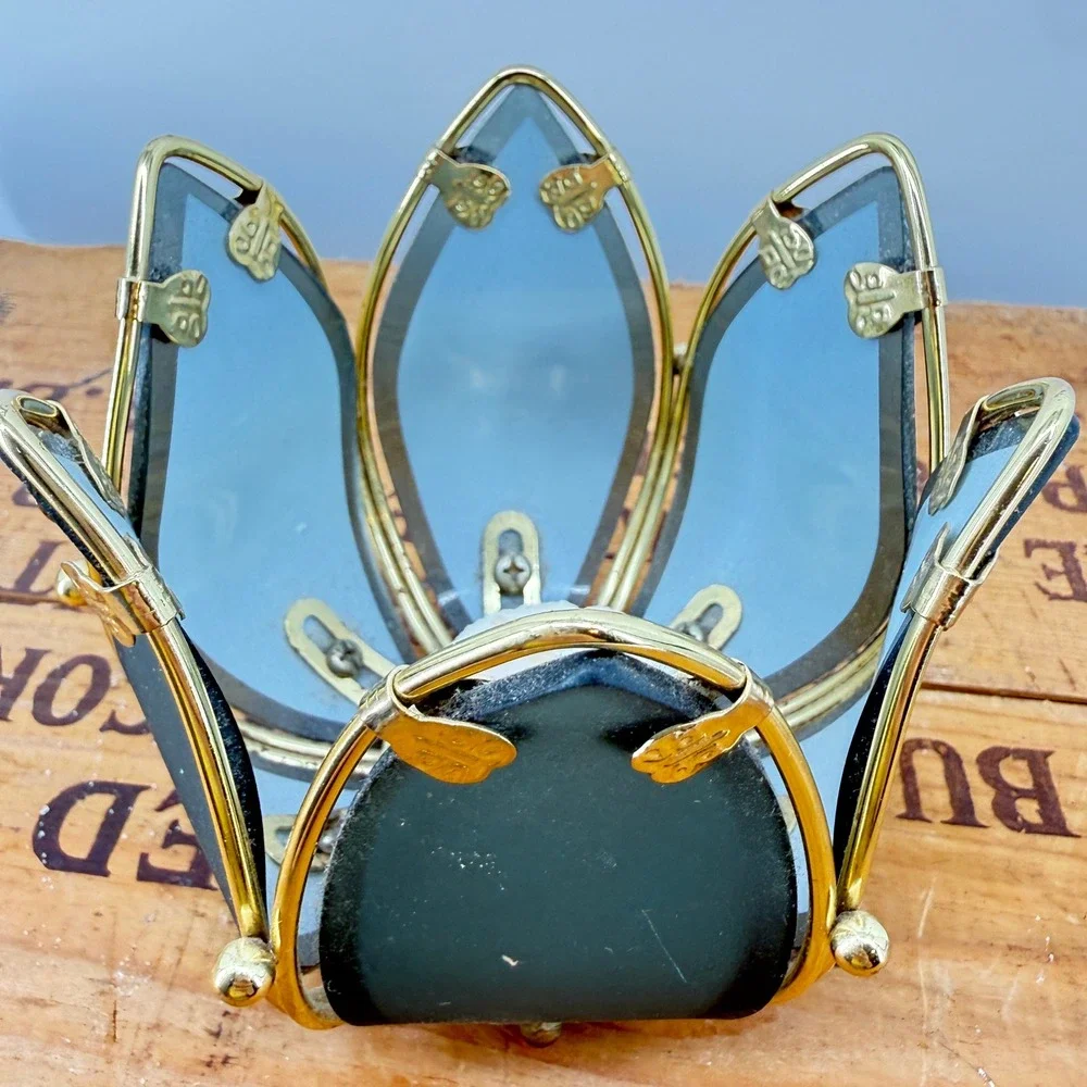 Art Deco Lotus Flower Candle Holder Vintage Floral Tea Light Gold Black